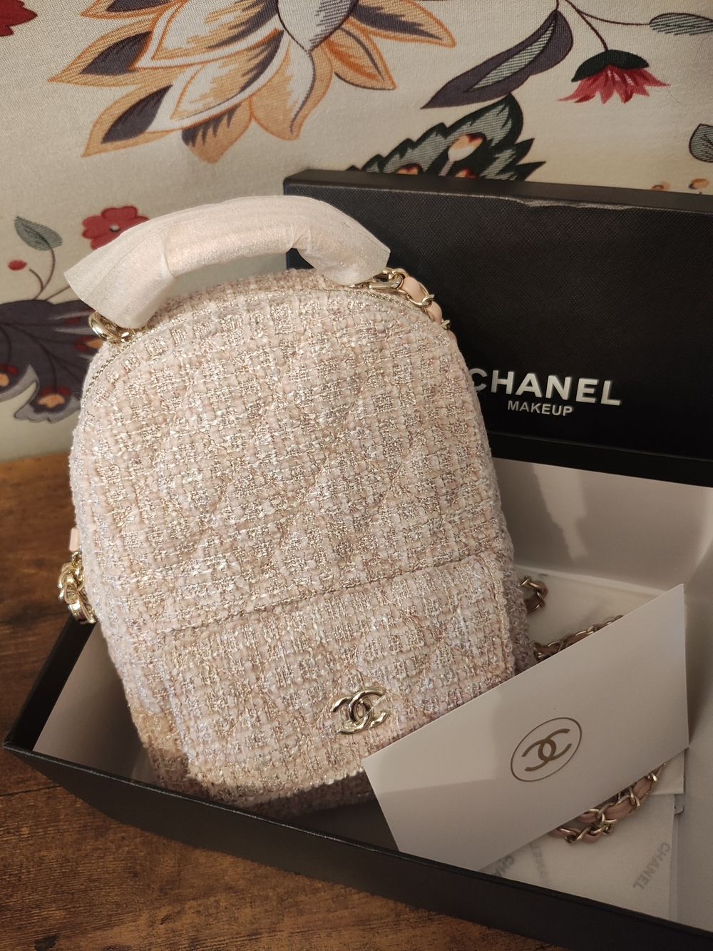 Tweed Novelty Mini Backpack with Gold Chain Detail